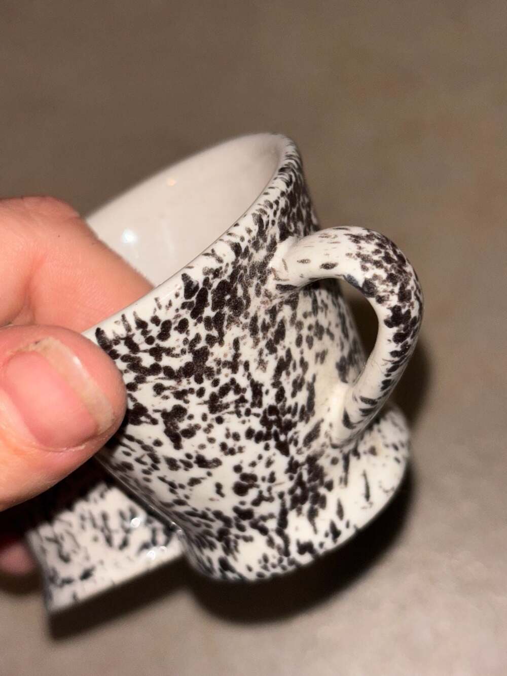 Set of 2 Black and White Speckled Spatterware Ceramic Espresso Demitasse Cups